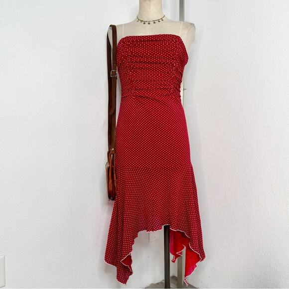 VINT Y2K Polka Dot Midi Dress Red White Ruched Coquette Asymmetrical Hem Medium - Picture 1 of 10